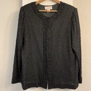 Vtg EXCELLENT Womens XL Beaded Evening Jacket Black Silk Laurence Kazar Formal